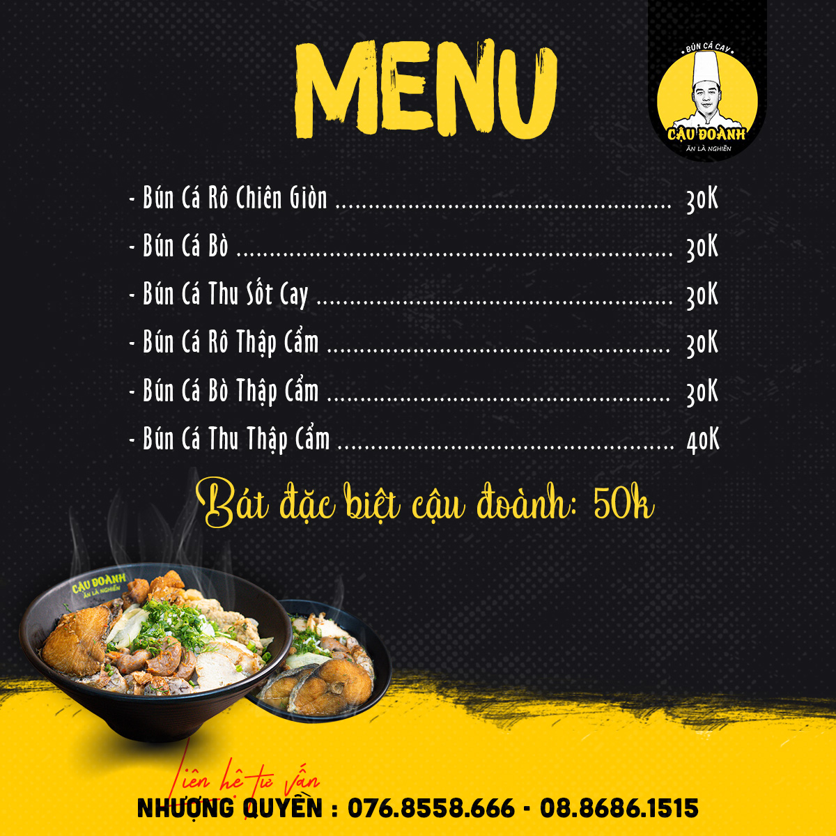 Menu Bún cá cay đa dạng